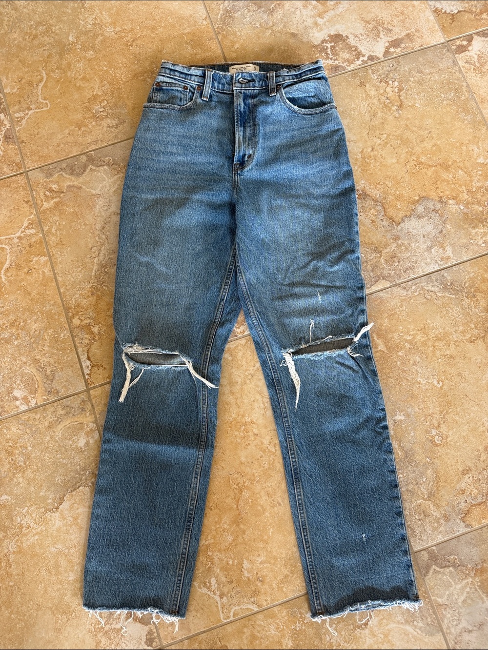 Abercrombie & Fitch Midwash Blue Straight Jeans with Knee Distress